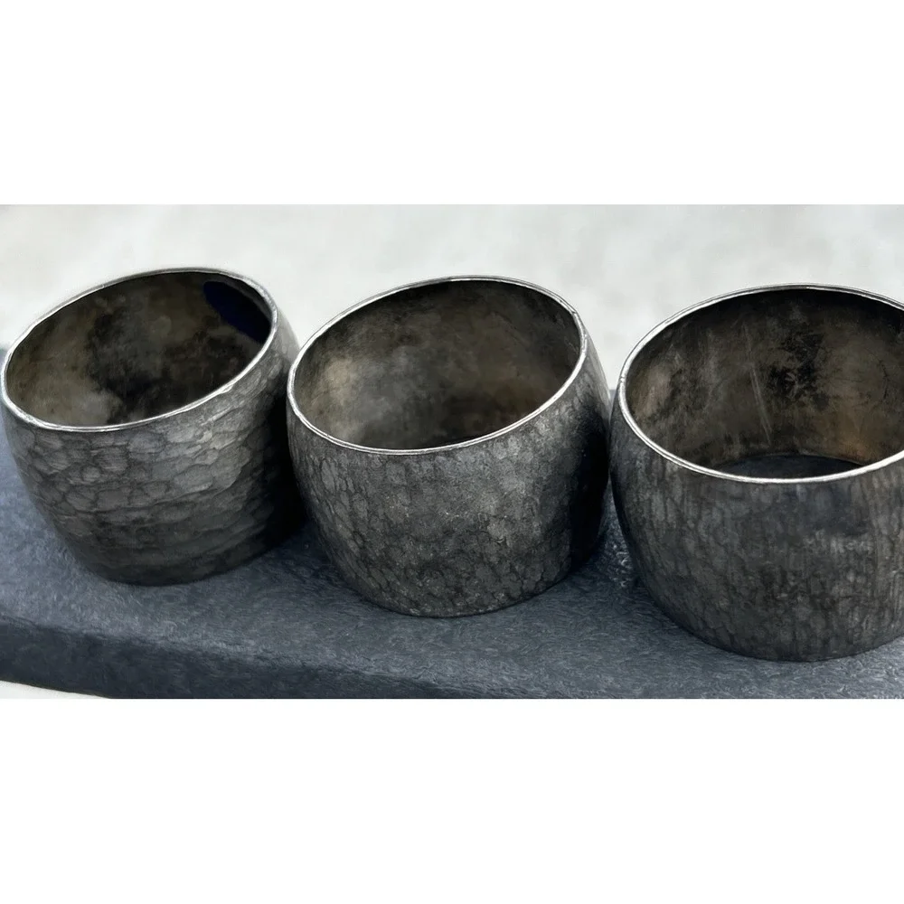 3 Hammered Silver Plated Brass Napkin Rings Hong Kong Decor Vintage Patina